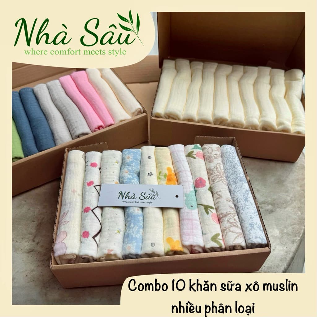 Combo 10 khăn sữa xô muslin Nhà Sâu mềm mịn thấm hút không bụi vải